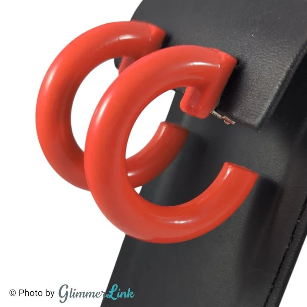 Vintage Orange Red Plastic Hoop Clip On Earrings